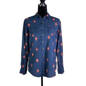 Ariat Ikat print snap western shirt navy blue women’s size large cowgirl